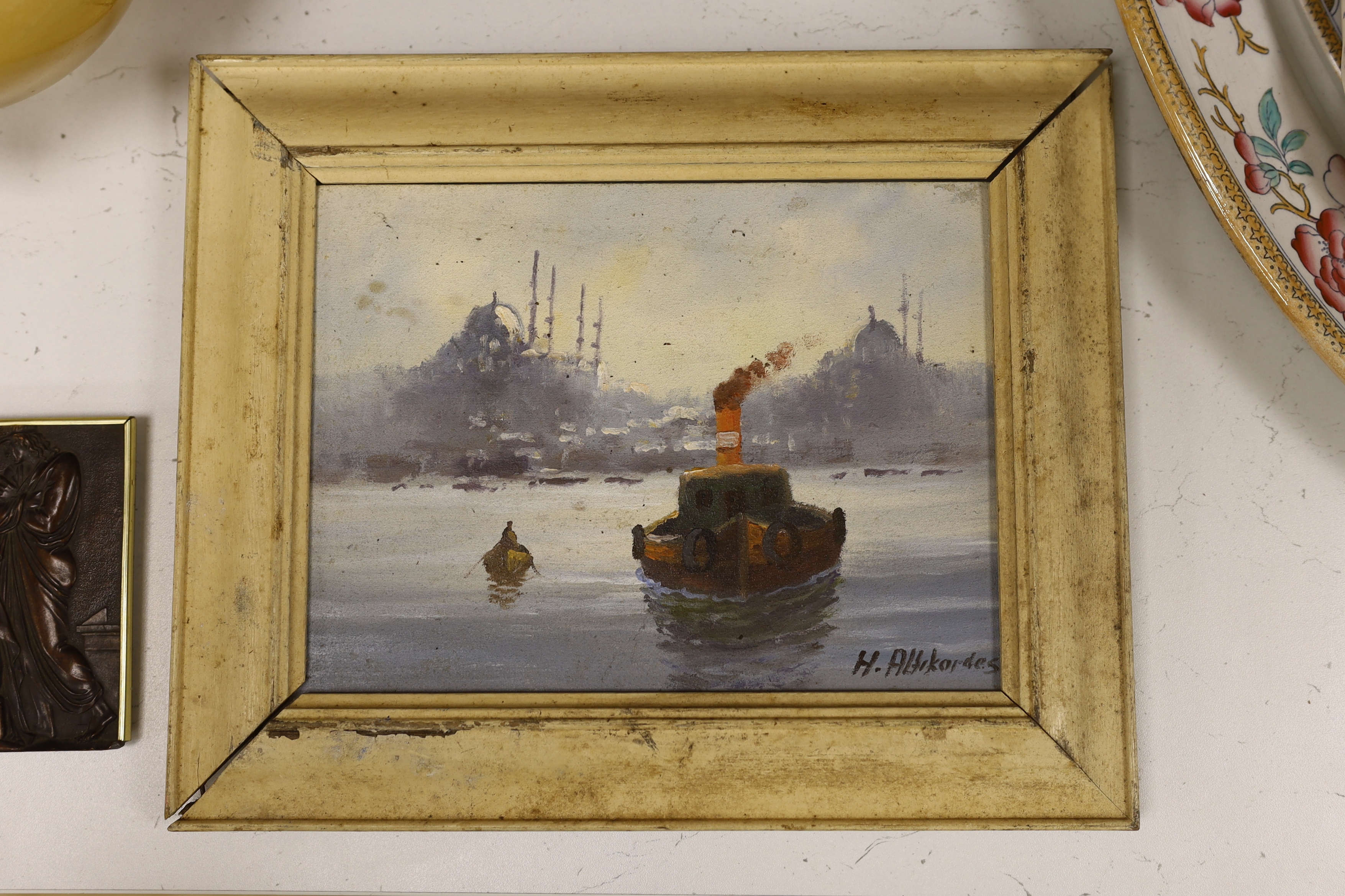 Oil on canvas, Tug boat before buildings, Istanbul, indistinctly signed, 23 x 17cm